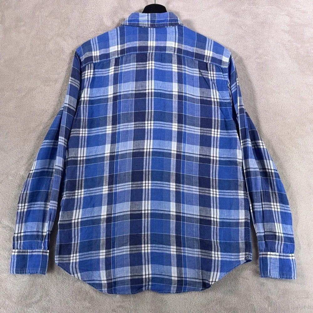 Polo Ralph Lauren Linen Button Down Shirt Mens Small Blue Plaid Long Sleeve
